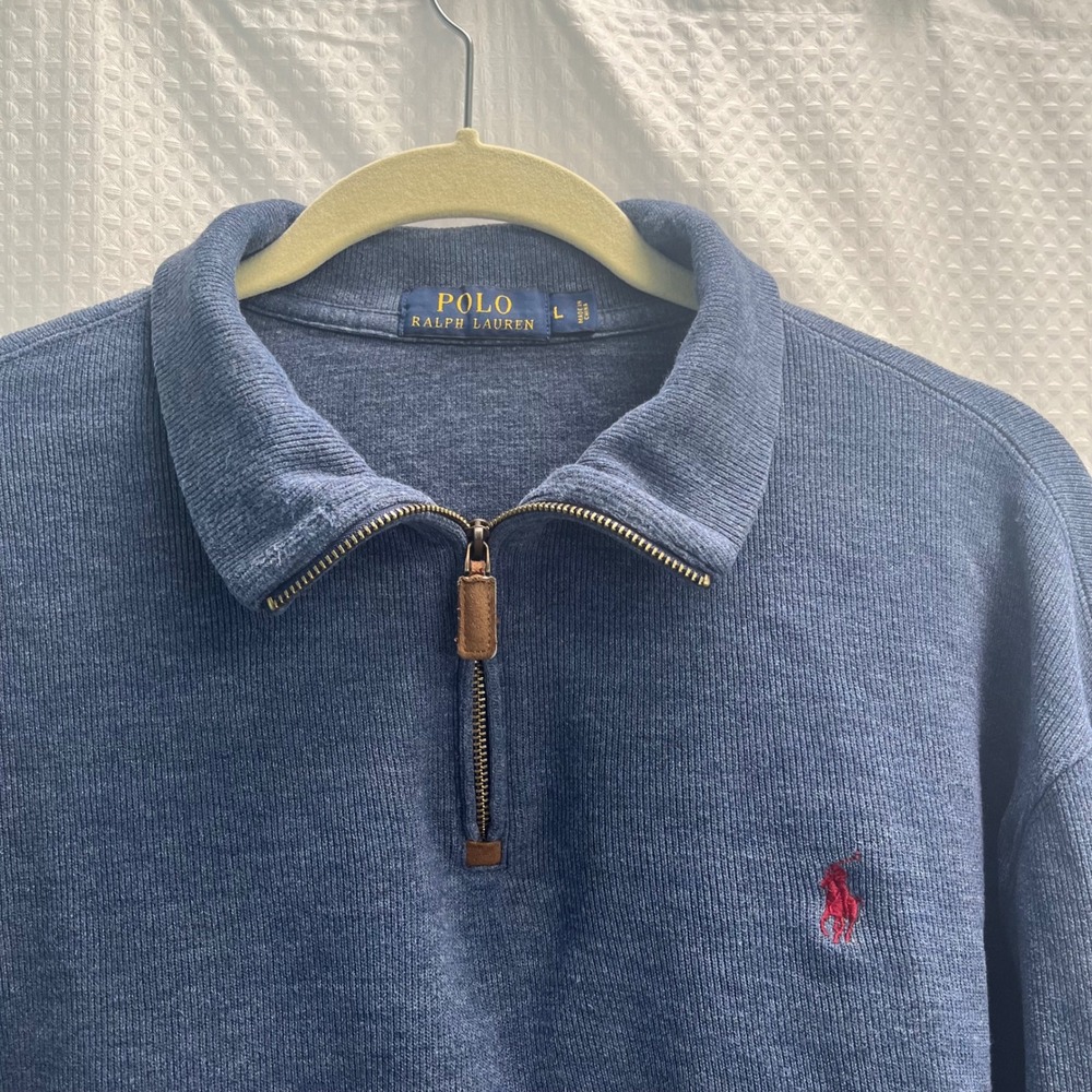 Polo Ralph Lauren Mens Blue Cotton Ribbed 1/4 Zip Pullover Sweater Pony 
Large